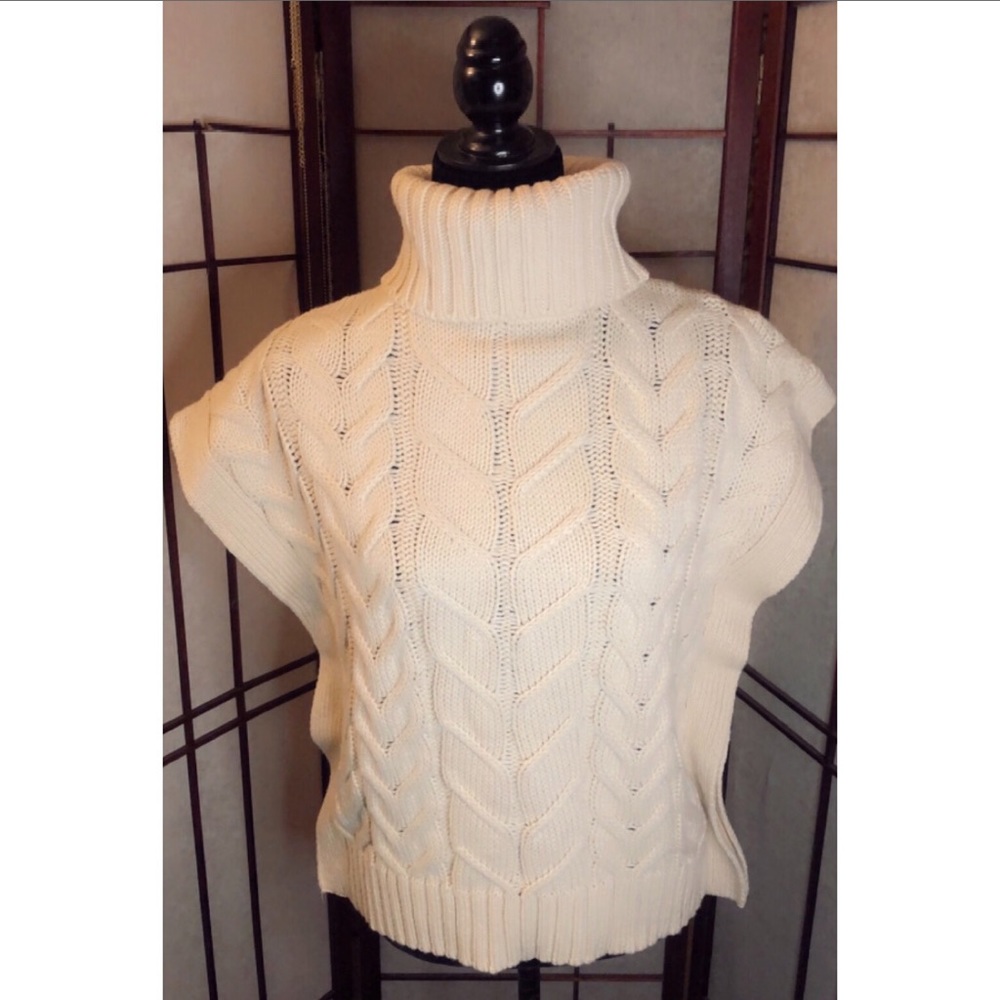 Womenswear loose turtle neck sleeveless sweater.